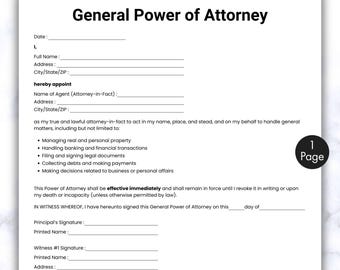Einfache Generalvollmacht, One Page POA Template, druckbares & bearbeitbares POA-Formular. Vollständiger Vertrag, allgemeines POA-Formular, Sofortdownload