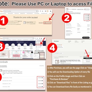 May include: A screenshot of a computer screen showing how to download digital files from Etsy. The image shows five steps with numbered red circles. The steps include viewing downloads, clicking on the profile image, clicking on purchases and reviews, clicking on download files, and downloading files.