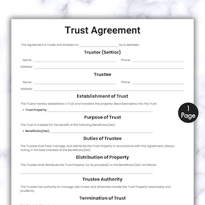 Simple Trust Agreement, One Page Beneficiary Form, Printable & Editable Trust Contract, Trust Document Canva, Instant Digital Download