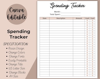 May include: A printable spending tracker template with a brown and white color scheme. The template includes columns for date, description, amount, cash, and card. The text "Spending Tracker" is at the top of the page.