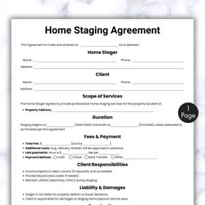 Könnte beinhalten: Ein weißes Home Staging Agreement Formular mit schwarzem Text. Das Dokument enthält Abschnitte für den Home Stager, den Kunden, den Leistungsumfang, die Dauer, Gebühren & Zahlung, Kundenverantwortlichkeiten und Haftung & Schäden. Das Dokument ist eine Seite lang.