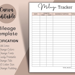 Mileage Tracker Editable, Mileage Log , Printable Business Mileage, Miles Log, Miles Tracker, Vehicle Mileage, Car Mileage, Driving Log PDF