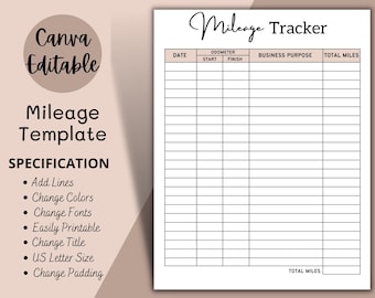 Mileage Tracker Editable, Mileage Log , Printable Business Mileage, Miles Log, Miles Tracker, Vehicle Mileage, Car Mileage, Driving Log PDF