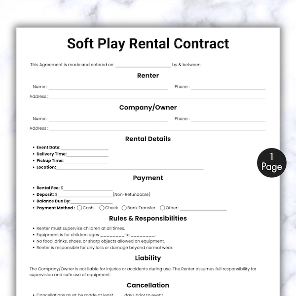Simple Soft Play Rental Contract, One Page Equipment Lease Agreement Form, Printable & Editable Soft Play Gear Hire, Party Equipment Lease
