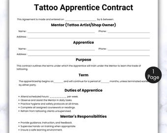 Einfacher Tattoo-Lehrlingsvertrag, eine Seite Tätowierer-Ausbildungsvereinbarung Form Canva, druckbare & bearbeitbare Tätowierer-Einstellung