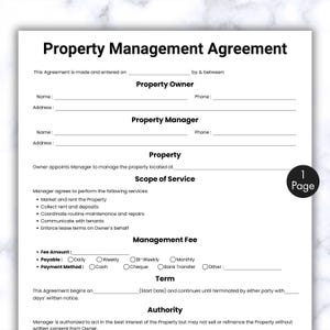 May include: A white Property Management Agreement form with black text. The form includes sections for Property Owner, Property Manager, Scope of Service, Management Fee, and Term. A small circle on the right side of the page says "1 Page".