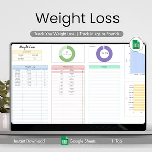 Gewichtsverliestracker, fitnessspreadsheet voor Google Spreadsheets, weegschemaplanner, gewichtsdagboek, dagelijks wekelijks, logboek lichaamsmetingen