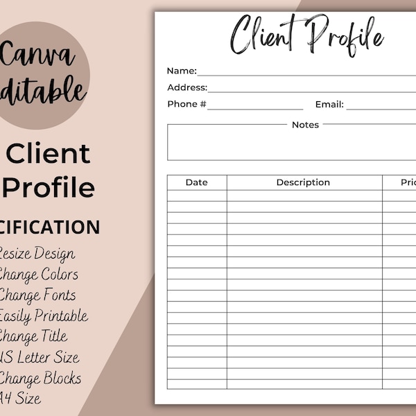 Editable Client Profile Template B2B Business Client Profile Printable, Client Information Log Customer Profile Info Sheet or Form Workflow