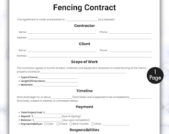 Einfacher Fechtvertrag, einseitiges Zaunvertragsformular, druckbar und bearbeitbar Schützen Sie Ihre Projekte, professioneller Fechtvertrag, Canva