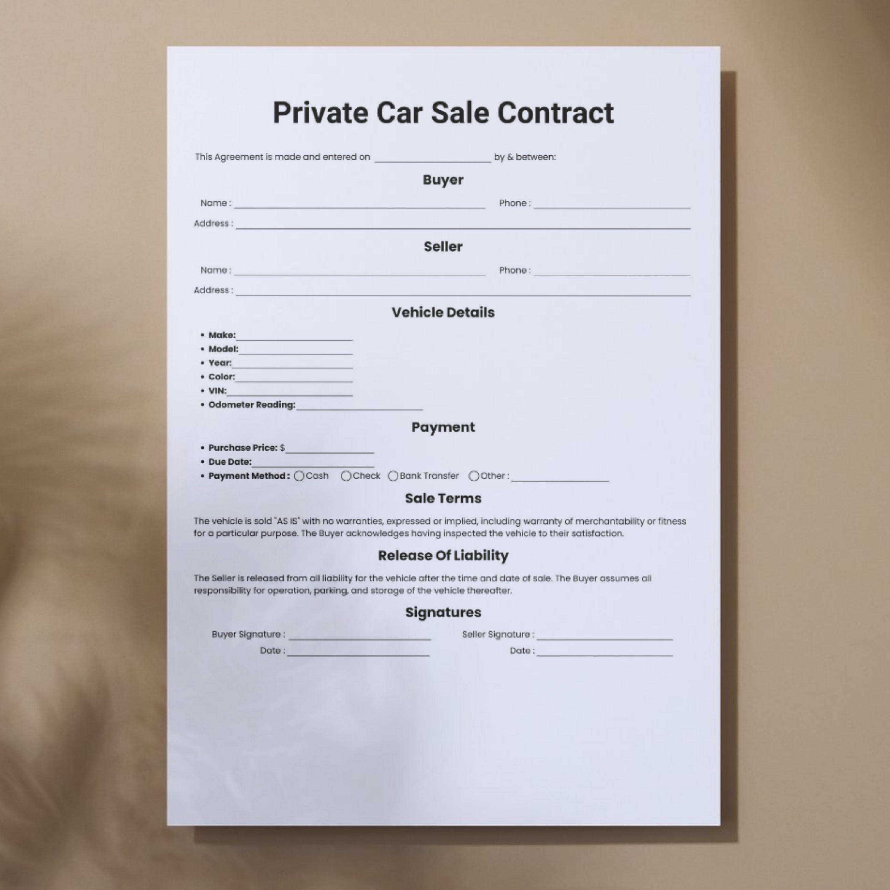 Simple Private Car Sale Contract, One Page Legal Used Car Purchase Form