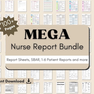Mega Nurse Report Bundle: 112 Printable Pages for ICU & Med Surg Nursing Brain! Perfect 1 to 6 RN Patient Log, Assessment for Day or Night