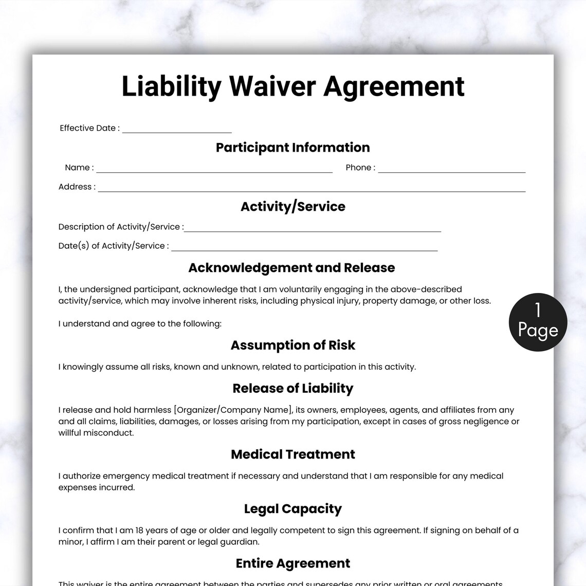 Simple Liability Waiver Agreement, One Page Release of Liability