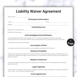 Simple Liability Waiver Agreement, One Page Release of Liability Template, Printable & Editable Waiver of Liability Contract, Client Intake