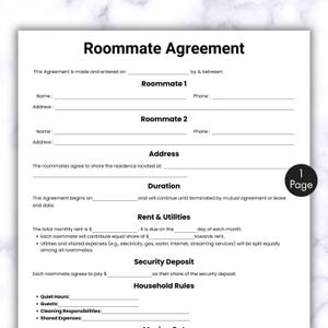 Könnte beinhalten: Ein auf weißem Papier gedrucktes Formular für eine Wohngemeinschaftsvereinbarung. Das Dokument enthält Abschnitte für Informationen zu Mitbewohnern, Adresse, Dauer, Miete, Nebenkosten, Kaution und Hausregeln. Das Dokument ist mit "Roommate Agreement" beschriftet.