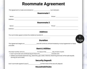 Contrato de alquiler de habitación en una sola página, contrato de alquiler de habitación imprimible y editable, contrato de alquiler de habitación compartida, descarga instantánea.