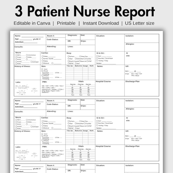 Hoja de informe de 3 pacientes Hoja de informe de paciente editable Hoja de cerebro de enfermera Hoja de informe de enfermería médica quirúrgica Traspaso de enfermería de UCI Informe de enfermería recién graduada