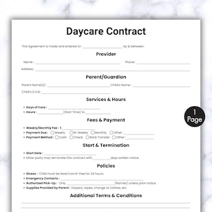 Simple Daycare Contract Template, One Page Daycare Forms, Printable & Editable Daycare Agreement, Childcare Forms, Daycare Liability