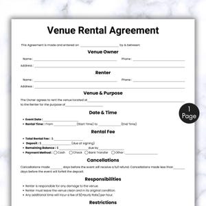 Puede incluir: Un formulario de contrato de alquiler de local impreso en papel blanco. El documento incluye secciones para la información del propietario y el inquilino, los detalles del evento, las tarifas de alquiler y las responsabilidades. El texto "Venue Rental Agreement" está en la parte superior.