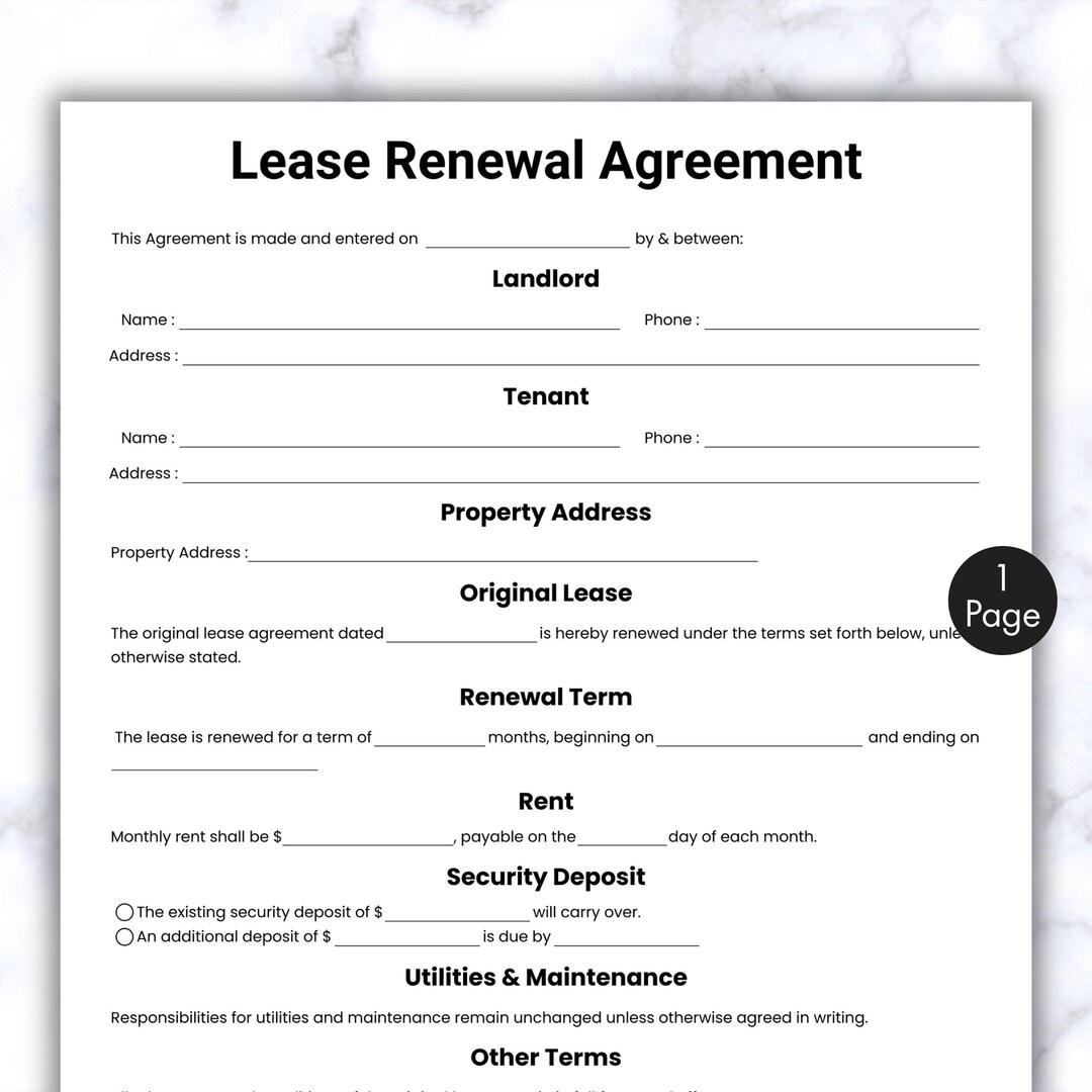 Simple Lease Renewal Agreement, One Page Lease Extension Contract