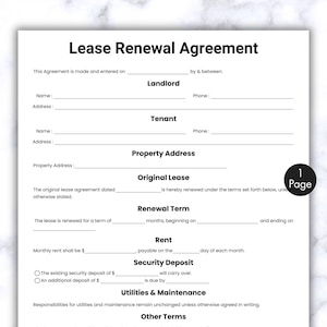 Simple Lease Renewal Agreement, One Page Lease Extension Contract Template, Printable & Editable Landlord Rental Apartment Residential Lease