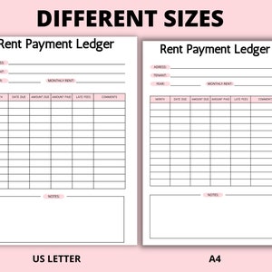 May include: Two printable rent payment ledger templates in US Letter and A4 sizes. Each template includes sections for address, tenant, year, monthly rent, month, date due, amount due, amount paid, late fees, and comments. There is also a notes section at the bottom of each template.