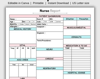 Printable Nurse Report Sheet, Editable ICU Nurse Brain Template, Single-Page Reporting Tool, Nurse Resources, Med Surg & Medication Tracker
