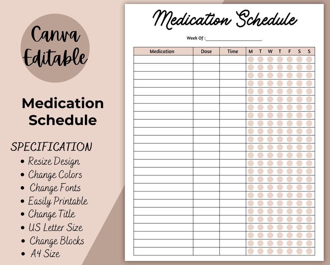 Medication Schedule Printable Medicine Intake Tracker Editable Weekly
