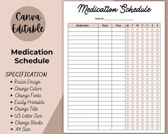 Medication Schedule | Printable Medicine Intake Tracker | Editable Weekly Medication Log | Supplement Tracker | Medicine Taker Tracker