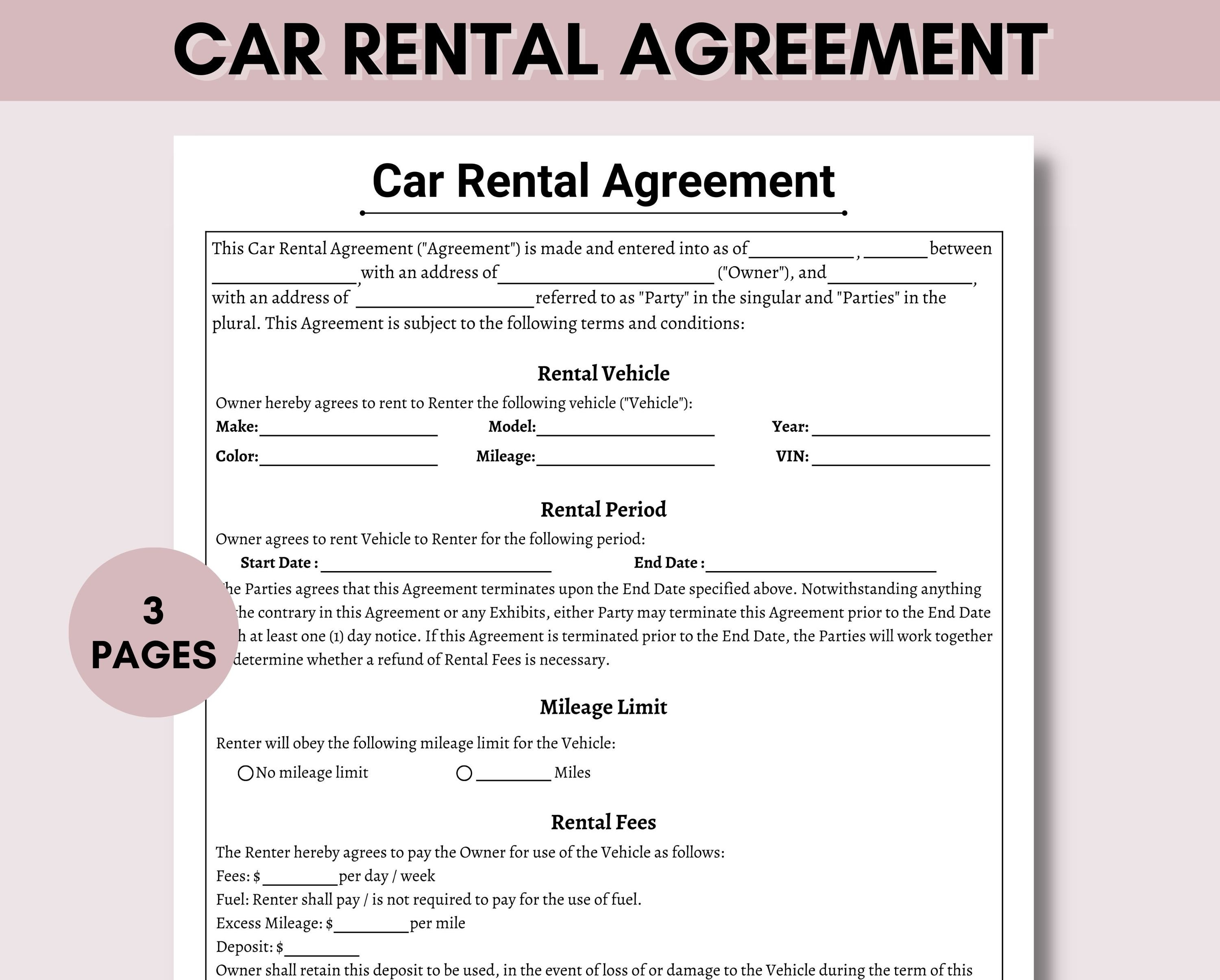 Car Rental Agreement, Printable Vehicle Lease Contract Vehicle Rental Car Rental Contract Canva Editable File Instant Download
