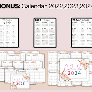 May include: A set of printable calendars for the years 2022, 2023, and 2024. The calendars are in a simple, modern design with black text on a white background. The 2023 and 2024 calendars also feature floral illustrations.
