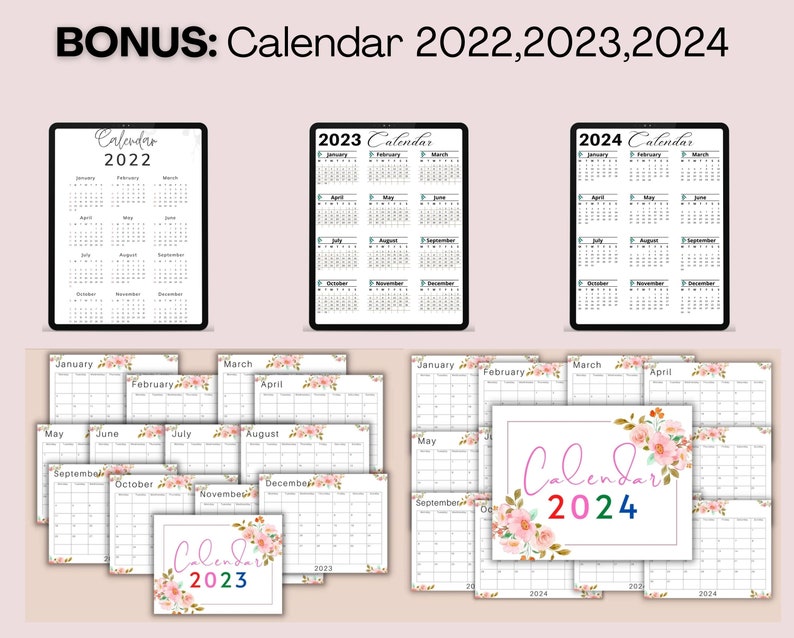 May include: A set of printable calendars for the years 2022, 2023, and 2024. The calendars are in a simple, modern design with black text on a white background. The 2023 and 2024 calendars also feature floral illustrations.