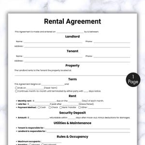 Simple Rental Agreement, One Page Rental Agreements Form Template, Printable & Editable Lease Rent Contract, House Rental, Instant Download