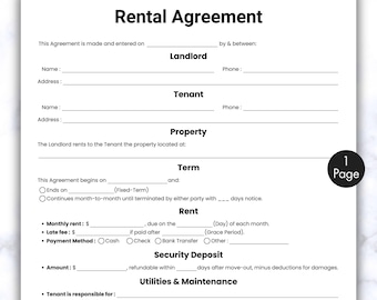 Simple Rental Agreement, One Page Rental Agreements Form Template, Printable & Editable Lease Rent Contract, House Rental, Instant Download