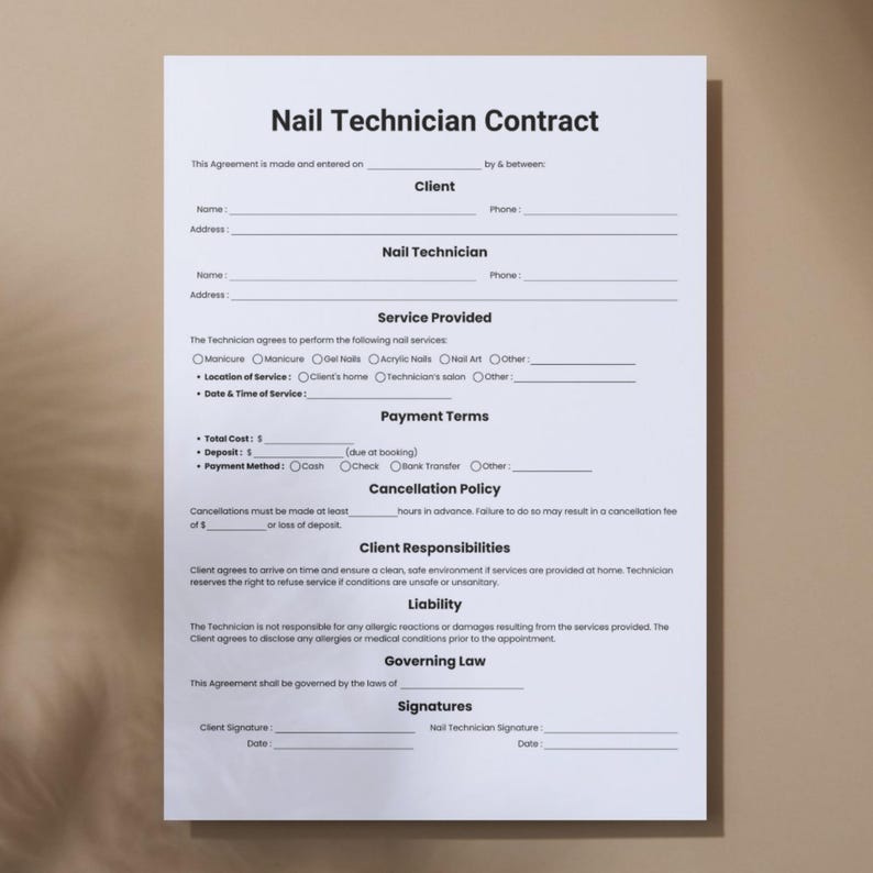 Simple Nail Technician Contract, One Page Nail Tech Consultation Form ...
