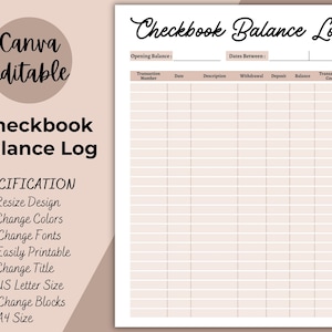 Checkbook Balance log, Printable Income and Expense Canva Editable Tracker, Account Ledger, Finance, Transaction Register, Instant Download
