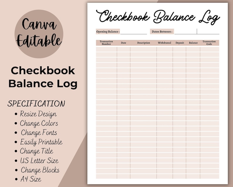 Checkbook Balance Log Printable Income and Expense Canva - Etsy