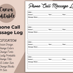 Phone Call Message Log, Editable Fillable Telephone Template, Communication Log, Conversation Record, Instant Download, Business Management