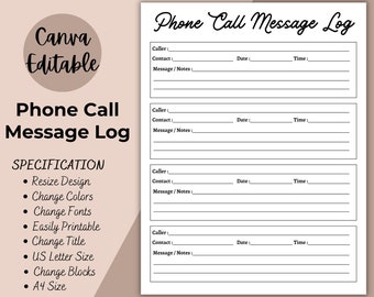 Phone Call Message Log, Editable Fillable Telephone Template, Communication Log, Conversation Record, Instant Download, Business Management