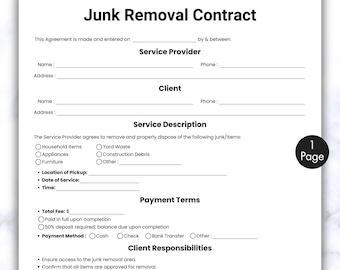 Eenvoudig afvalverwijderingscontract, sjabloon voor verwijdering van één pagina, afdrukbare en bewerkbare opruimservice, afvalverwijderingsovereenkomst, opschoonformulier