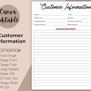 Modèle d'informations client à imprimer, Carnet d'informations client, Planificateur d'activité du service de nettoyage, Fiche d'informations client, Modèle de réception des clients