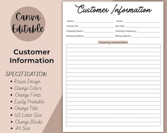 Customer Information Template Printable, Customer Info Log, Cleaning Service Business Planner, , Client Info Sheet, Client Intake Template