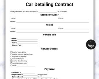 Simple Car Detailing Contract, One Page Auto Detailing Agreement Form Template, Printable & Editable Detailing Service Terms, Digital PDF