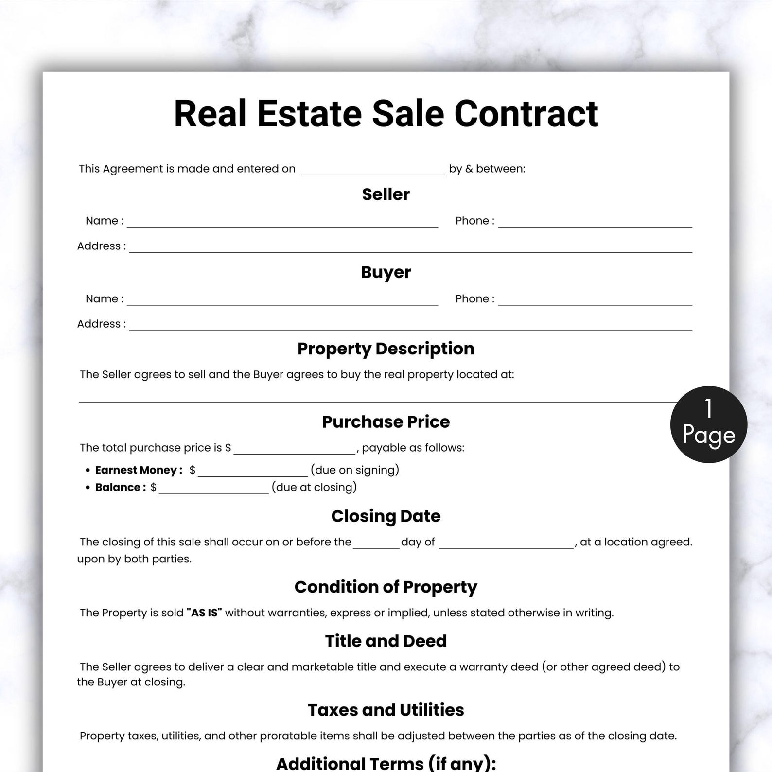 Simple Property Cash Contract Simple Real Estate Sale Contract, One Page Purchase Agreement Template ...