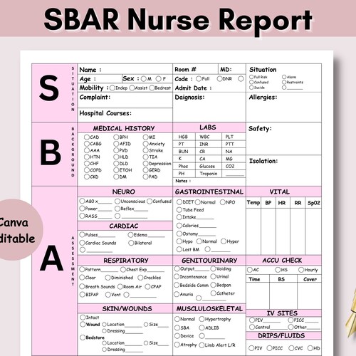 Hoja de informe de enfermería SBAR, hoja de informe de enfermería de cirugía médica imprimible para la UCI cerebral, hoja de enfermería RN, enfermera recién graduada con telemetría y registro de tareas pendientes