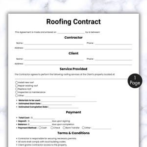 Simple Roofing Contract, One Page Roofer Contract, Printable & Editable Roofing Work Agreement, Contractor Service Contract Form Canva