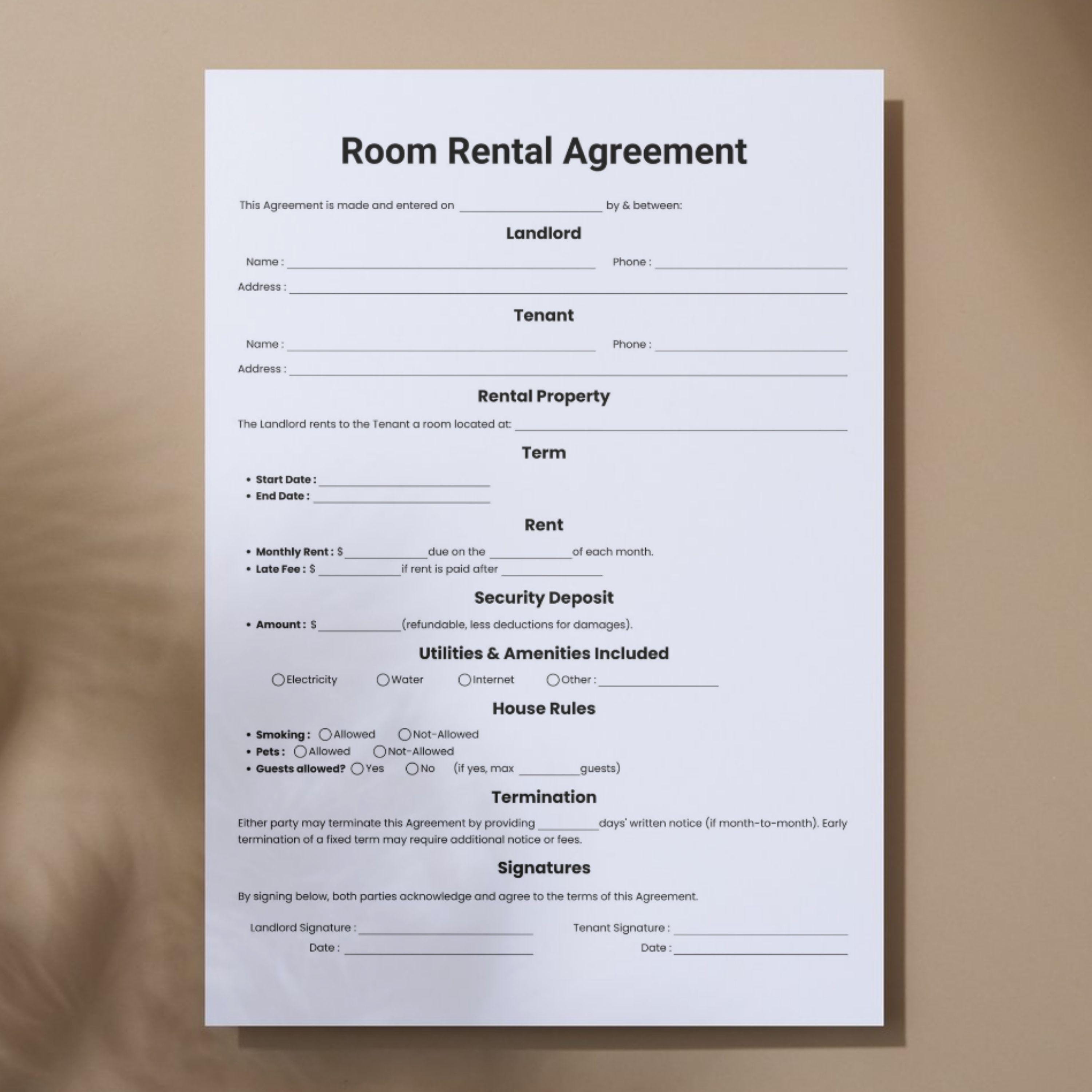 Simple Room Rental Agreement Template, One Page Room Tenancy Contract ...