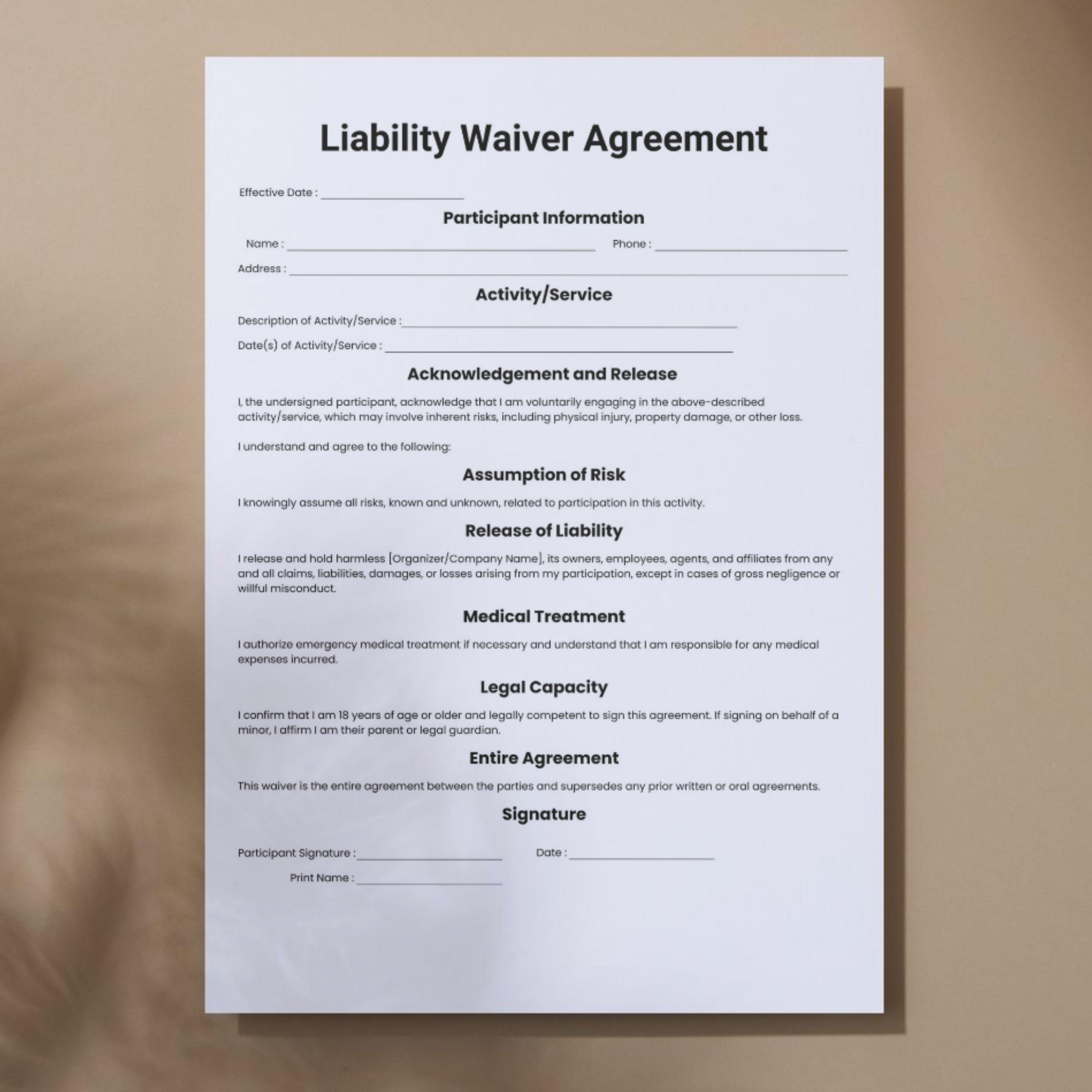Simple Liability Waiver Agreement, One Page Release of Liability ...