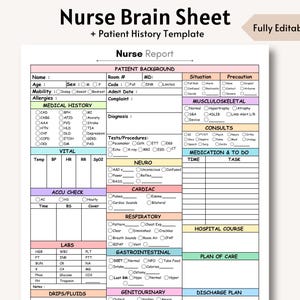Puede incluir: Una plantilla de hoja de cerebro de enfermería imprimible con secciones para antecedentes del paciente, historial médico, signos vitales, medicamentos y tareas pendientes, curso hospitalario, plan de atención y plan de alta. La plantilla es totalmente editable.