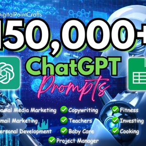 Pacchetto con oltre 150.000 suggerimenti ChatGPT, social media marketing, copywriting, email marketing, fitness, cura del bambino, project manager, investimenti, cucina immagine 1