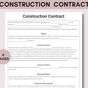 Construction Contract, Printable Construction Template - Handyman, Contract Template, Contractor agreement, renovation, remodeling contract